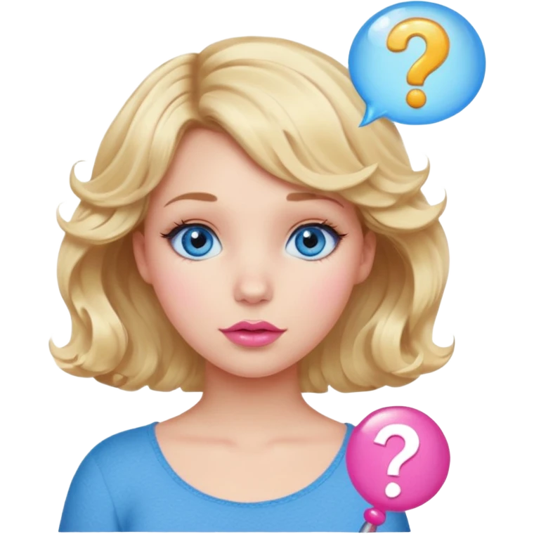 Girl Blonde short wavy hair,  blue eyes, cute blue top, long lashes, pink lips, question mark bubble emoji