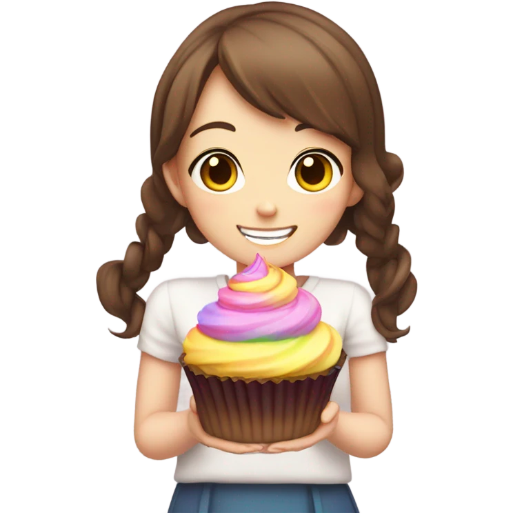 Cute anime girl with brown hair holding a cupcake emoji