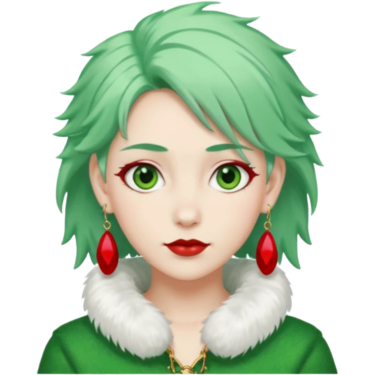 white furred unicorn with green hair and big red earrings looking into camera emoji