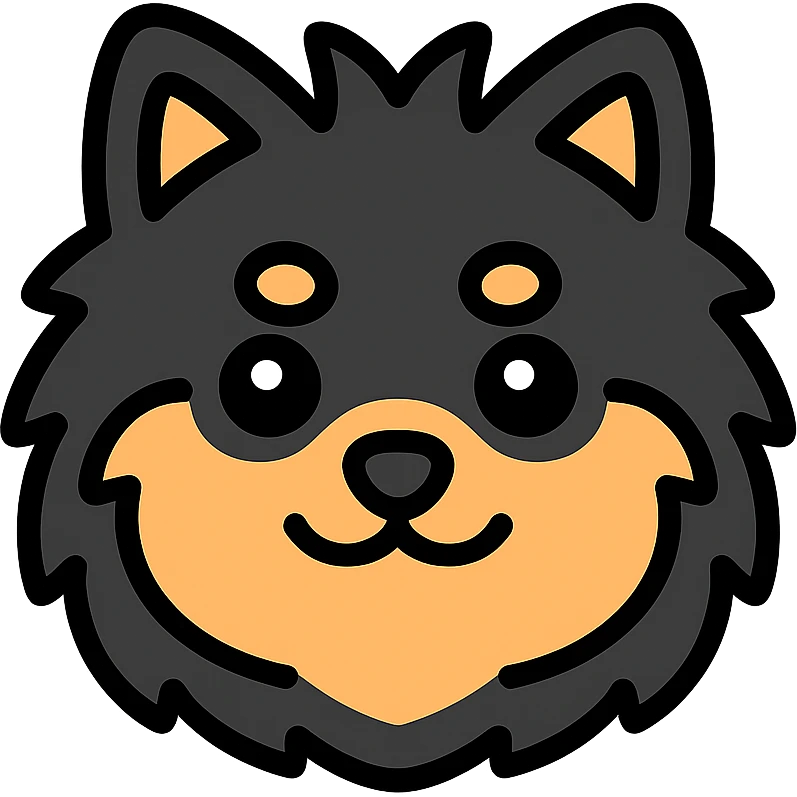 fluffy black and tan Pomeranian dog face, large round eyes, black button nose, tan muzzle, tan eyebrow spots, thick fluffy fur, upright tousled ears, friendly and cute emoji