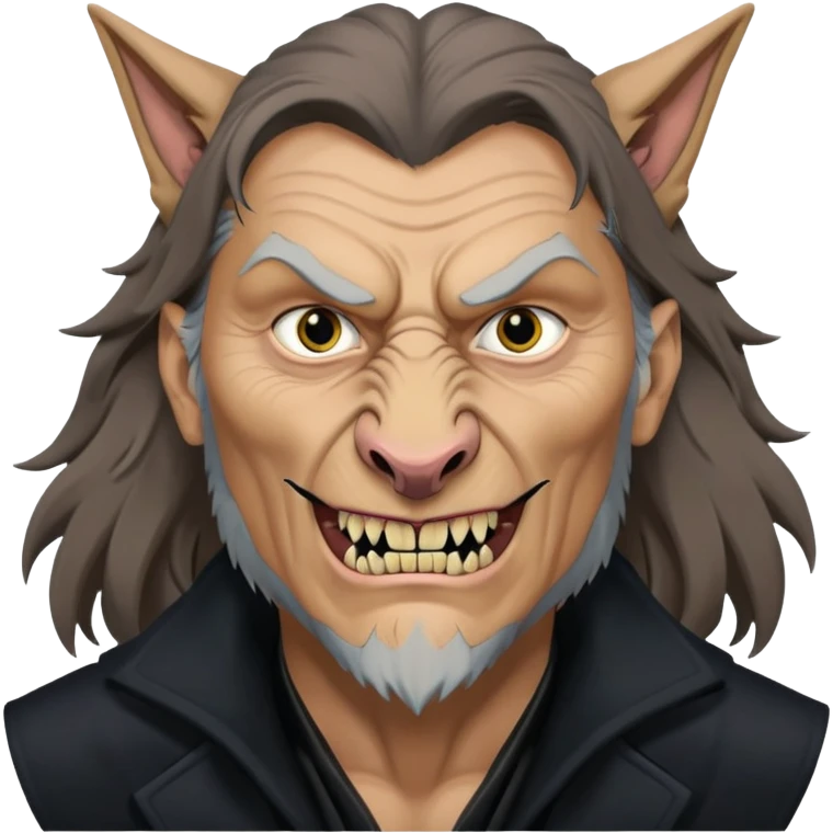 Fenrir Greyback in harry potter, black open chest coat, wolf face, pointed ear, bared teeth emoji