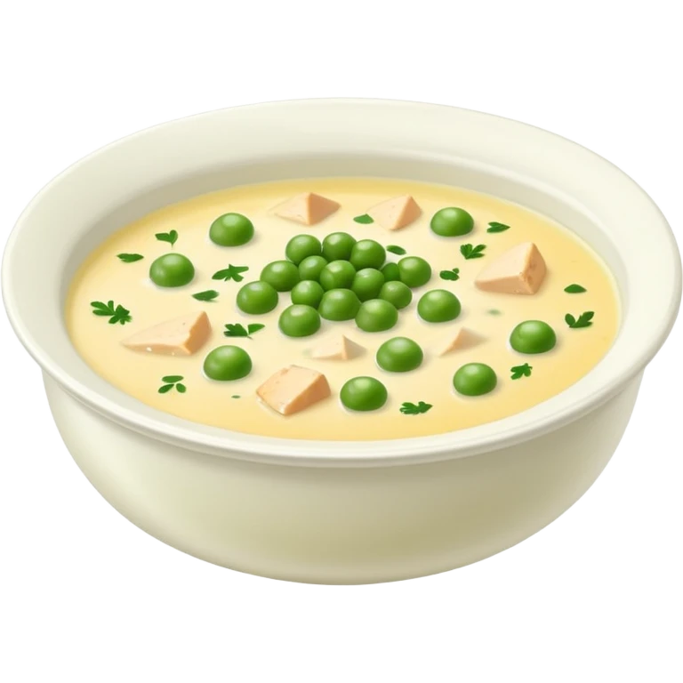 A bowl of creamy soup made with chicken broth, peas, chives, parsley, and Parmesan cheese emoji