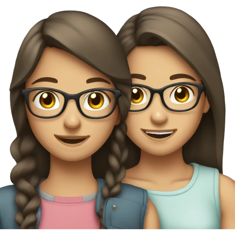 two brunette teenage girls hugging each other one with braces other with clear glasses emoji