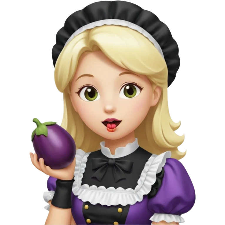 A women with blond hair in a black and white maid dress, licking an eggplant emoji