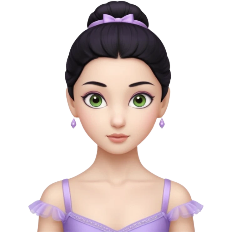 Cinematic Realistic ballerina Light Purple Portrait, depicted with lifelike skin texture, subtle rosy undertones, and soft natural lighting that enhances the gentle contours of her face. Her intricately detailed sweet black hair is elegantly styled, green eyes emoji