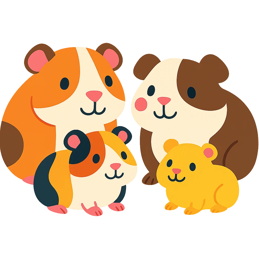 a family of happy and cute guinea pigs, colorful and friendly illustration style, white background emoji