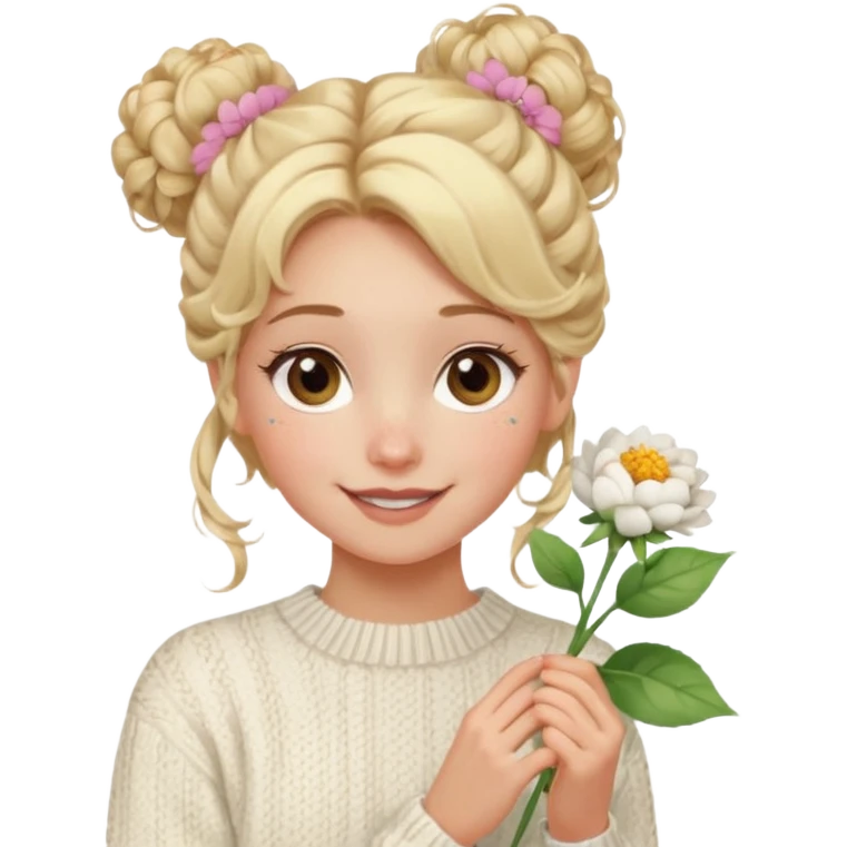 blonde hazel eyes girl holding a flower with a white cable knit sweater and a curly messy bun with tendrils of hair flowing down her face and she is happy pale, some freckles, blush emoji
