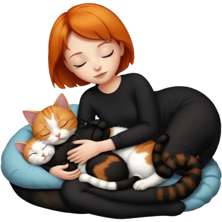 Ginger Girl short hair sleeping with two cats a black and a white bigger cat  emoji