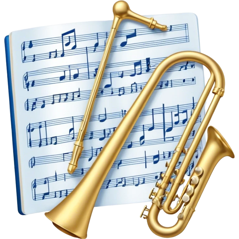 Create an artistic emoji that represents music arrangement and orchestration. The design should feature various orchestral instruments (drums, violin, electric guitar, synthesizer) and conductor's baton, musical scores. Incorporate flowing lines to represent harmony and orchestral balance, along with a subtle representation of sheet music. Use rich, classical colors like gold, silver, or deep blue, and create an atmosphere of sophistication and precision. The background should be transparent. emoji