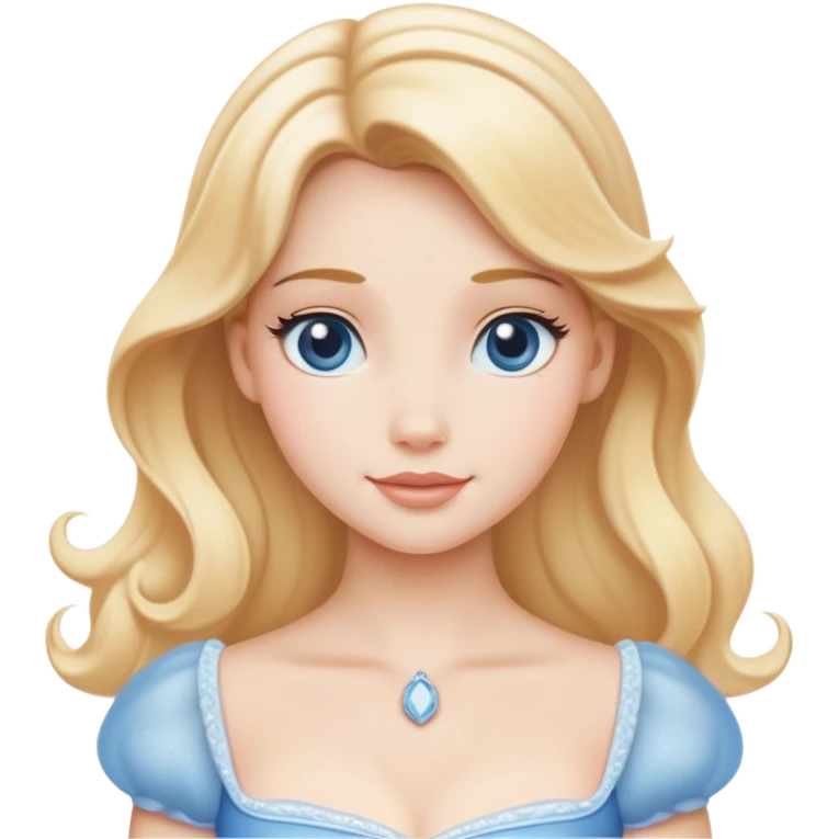 Cinematic Serene Cinderella Portrait Emoji, rendered in a realistic, vector-style with minimal shading. Depict a gentle Cinderella (chest and above) with porcelain skin, smooth blonde hair falling in soft waves, and calm, inviting eyes. Dressed in her modest daytime dress, she exudes quiet grace and pure enchantment, highlighted by a soft glowing outline. emoji