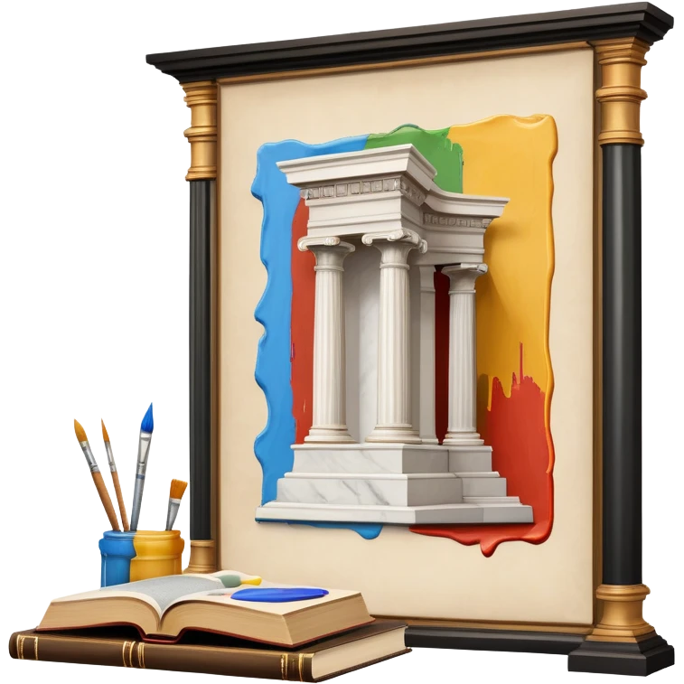 An icon featuring a paint palette, a sculpture, and a book, symbolizing the study of culture and art. The design includes a classical column and a canvas, representing art history and cultural exploration. Transparent background highlights the connection between creativity and history. emoji