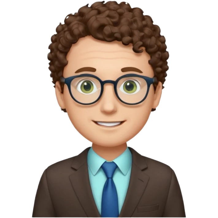 The face of a white man, with blue/green eyes, a large forehead, small and thin round glasses, curly brown hair, wearing a suit, and smiling emoji