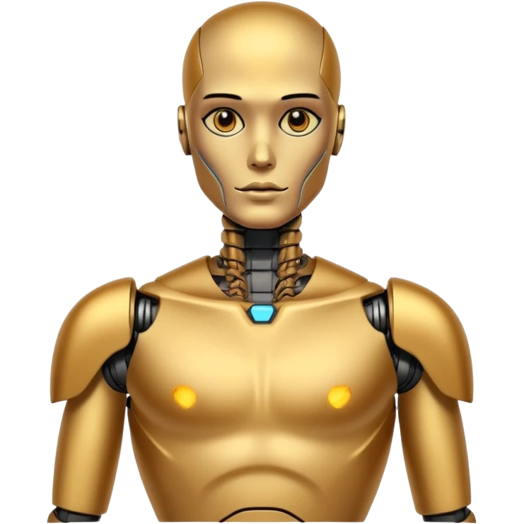 gold Tatooed robot, big many tatooes on chest, neck and face, tatoo on face emoji
