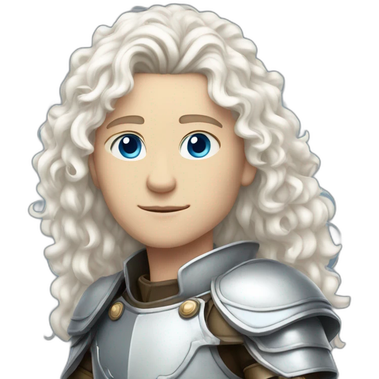 white androgynous guy white long curly hair armor blue eyes emoji