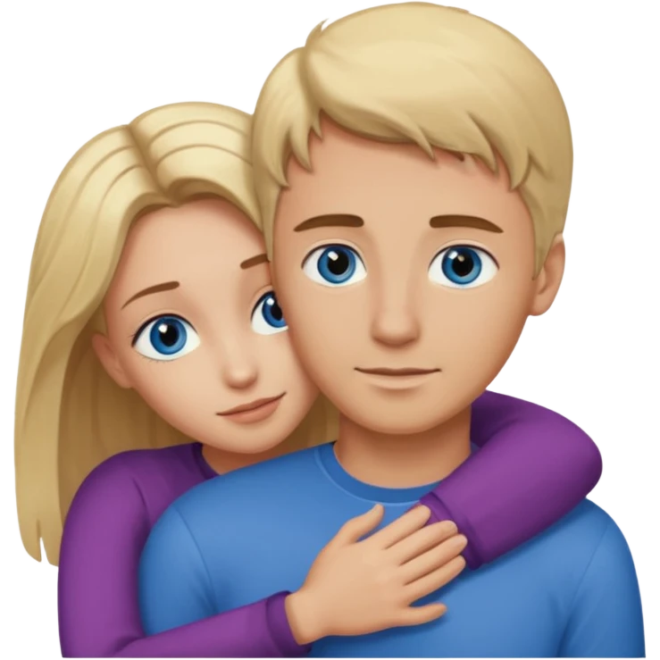 Man with blonde hair and blue eyes hugging a woman with brown hair and brown eyes emoji