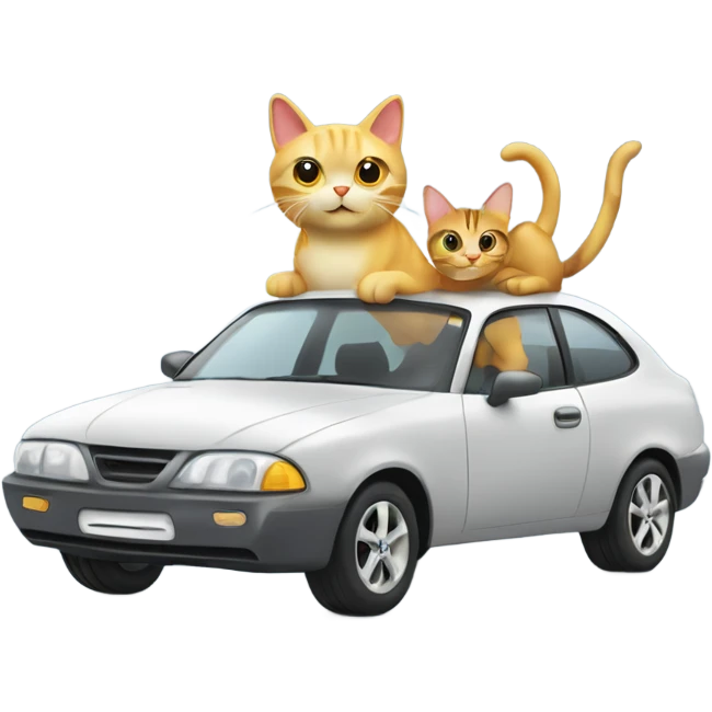 A cartoon emoji-style car with a cat sitting on the open hood, holding a wrench and smiling emoji