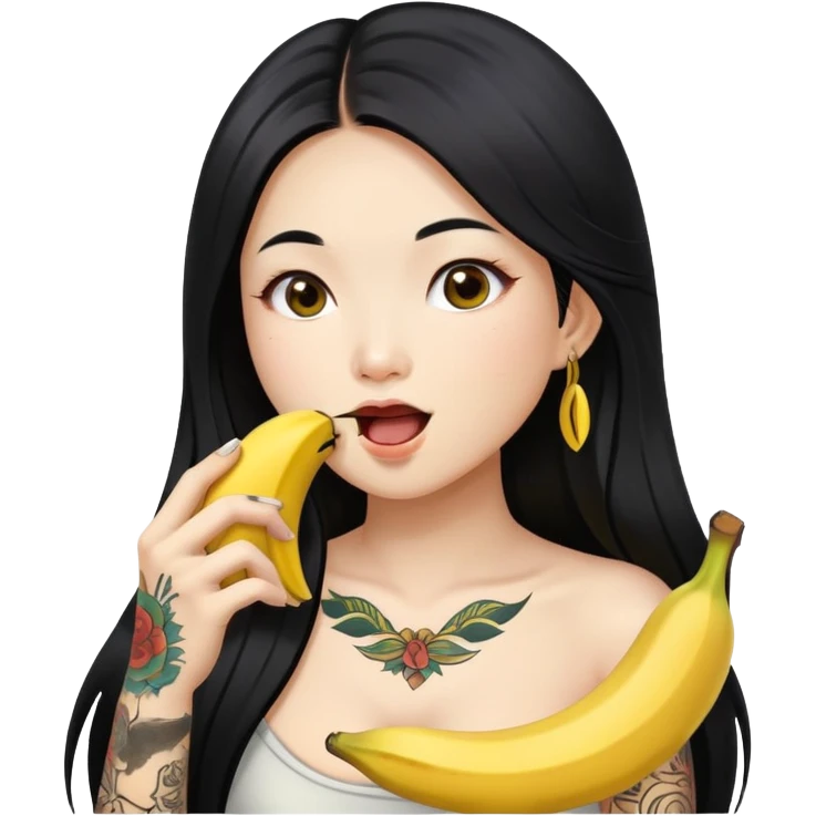 Beautiful Asian girl with long black hair and body tattoos eating a banana sfw emoji