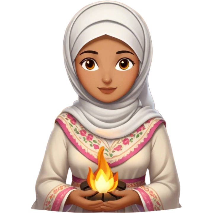 An Arab woman dressed in a beautiful floral traditional outfit with a delicate white headscarf sits by a fire at night. The warm glow of the flames highlights her radiant features, giving the scene a soft, serene, and intimate feel. emoji