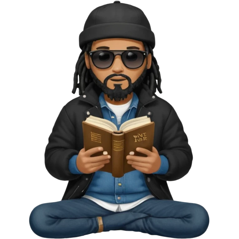 African American man with shoulder length black dreadlocks with black beard wearing black sunglasses wearing a black bubble winter coat wearing a black New York Yankees logo baseball cap wearing denim skinny jeans and Timberland boots reading a Bible emoji