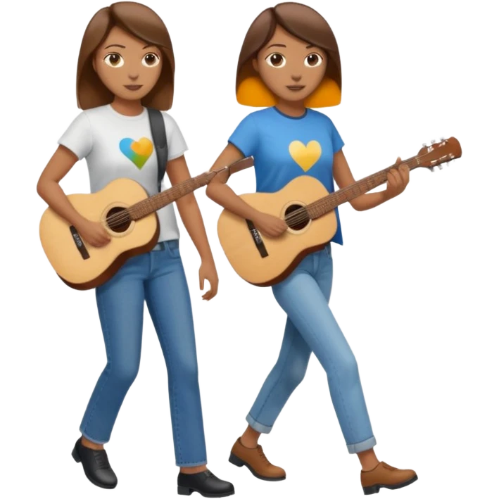 based on emoji style, like this "💁🏻‍♀️" "💁🏽‍♂️" "💁🏻", two people walking together, one is brown-haired woman, wearing business casual, holding a guitar; another one is a non-binary person, wearing t shirt and jeans. they are walking together. emoji