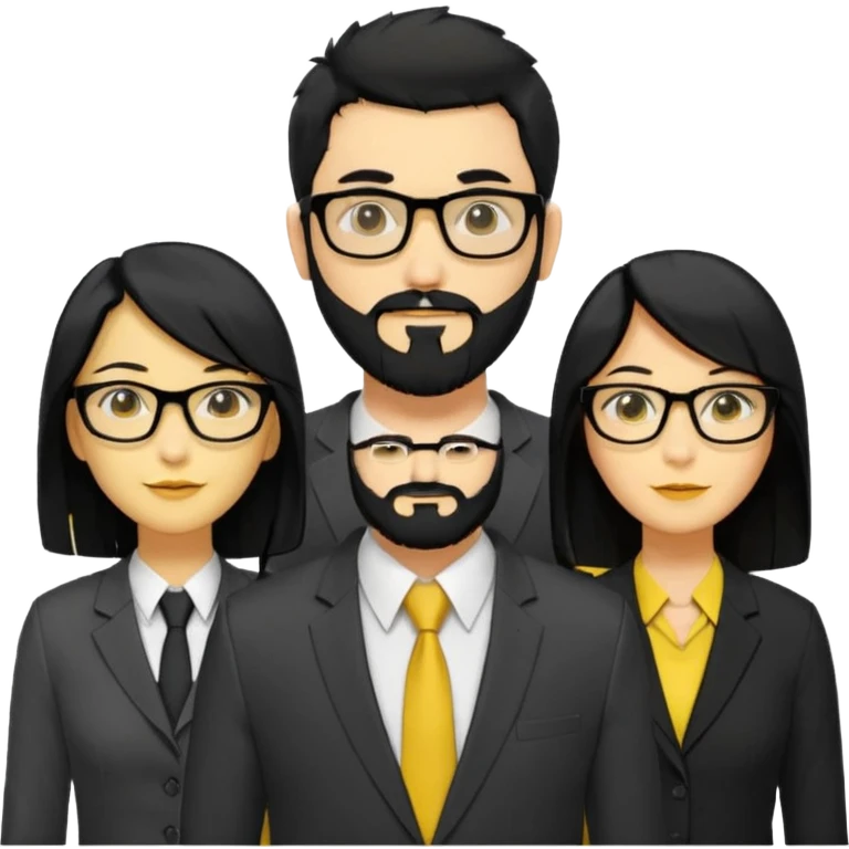 A work group avatar.Layout: two men (middle), two women (sides). Left woman: yellow skin, long black hair, glasses. Middle-left man: yellow skin, short black hair, thick black beard, shirt. Middle-right man: yellow skin, short black hair, no beard, suit. Right woman: yellow skin, long black hair.  emoji