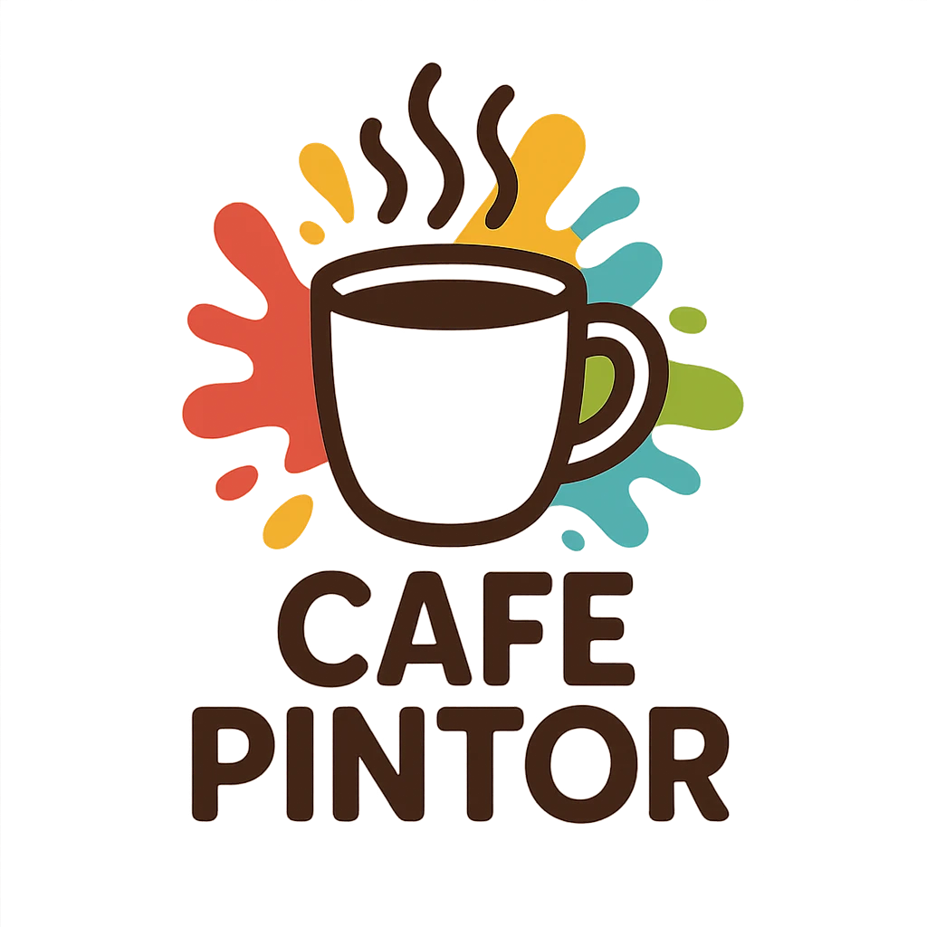 logo for 'CAFE PINTOR' with a steaming mug and abstract paint splashes, creative and friendly feel emoji