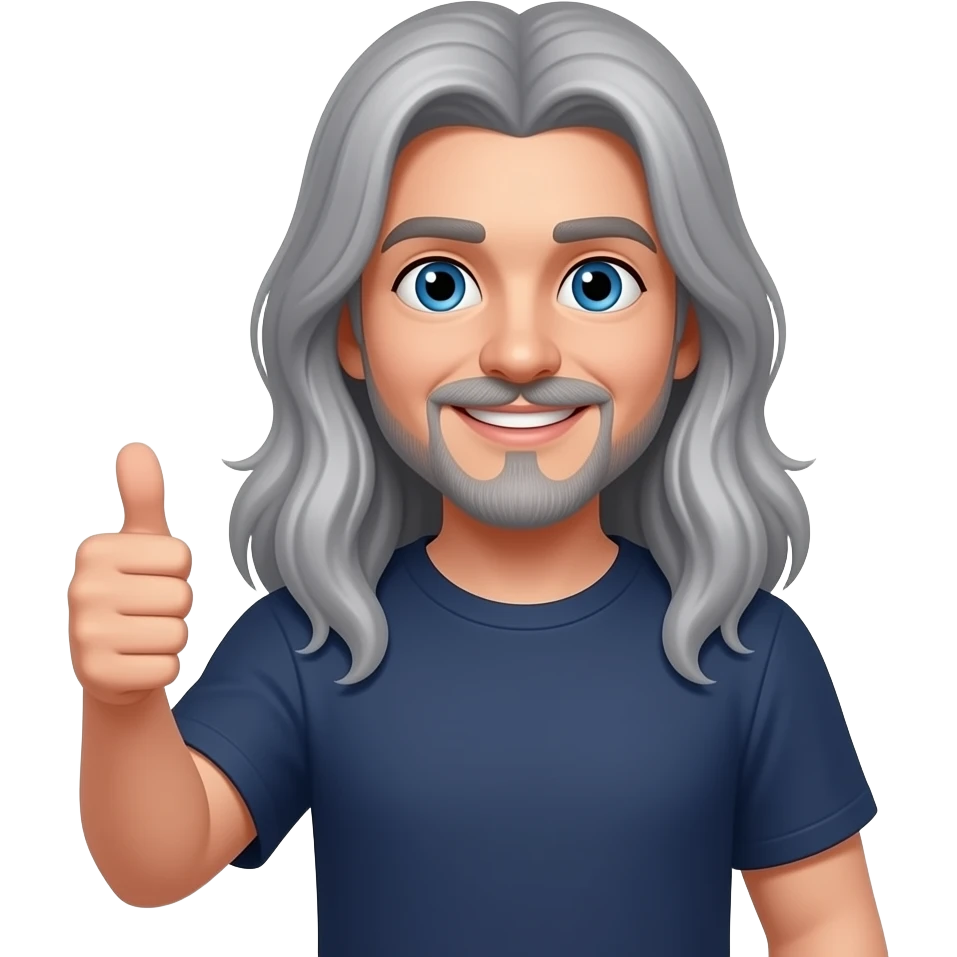 smiling, blue eyes,  really long gray hair, mustache, goatee, a dark blue T-shirt with thumbs up emoji