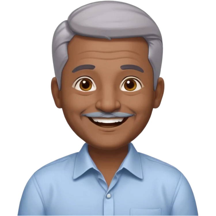 50 yr old indian man, dark skin, grey hair, big smile, white teeth, chubby, no moustache, clean shaven, young style hair, hair brushed back, 5 oclock shadow, bindy on forehead, dress shirt, bindy emoji
