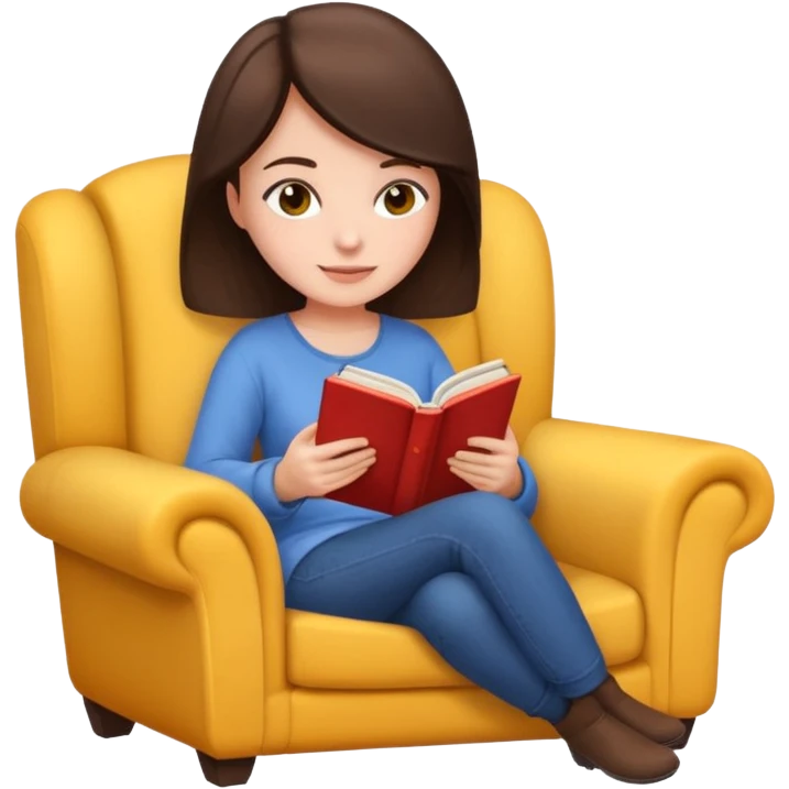Jane Austen inspired brunette character reading a book sitting in a cozy chair, emoji style emoji
