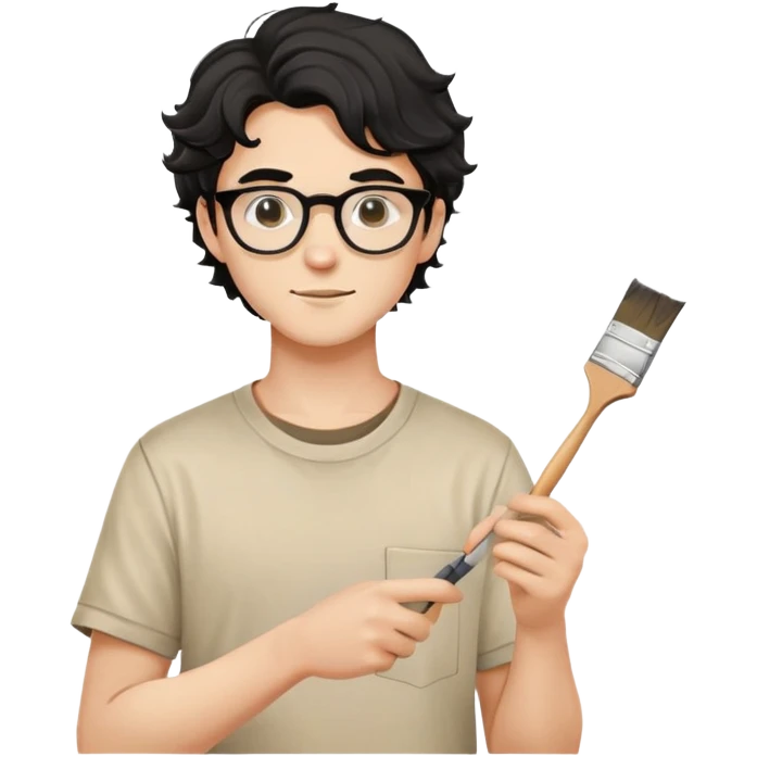 Young caucasian man with black wavy hair, round glasses, beige painting shirt, holding a square paintbrush emoji