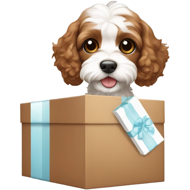 Brown and white cavapoo and gift box emoji