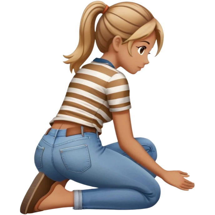 girl in jeans and striped shirt kneeling on the ground seen from behind emoji