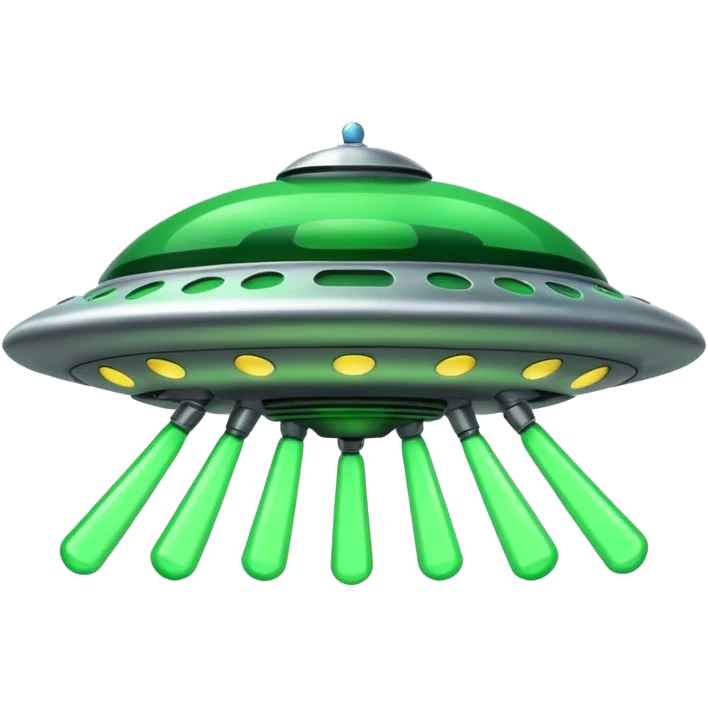 UFO flying saucer, green lights, cartoon sci-fi emoji, no background emoji