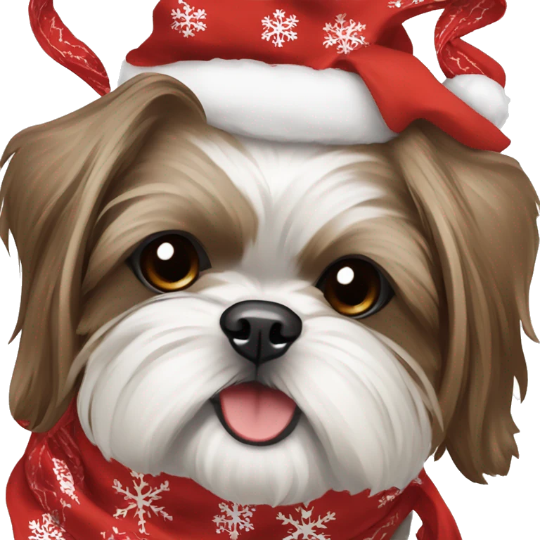 Brown and white Shih Tzu with Christmas scarf emoji