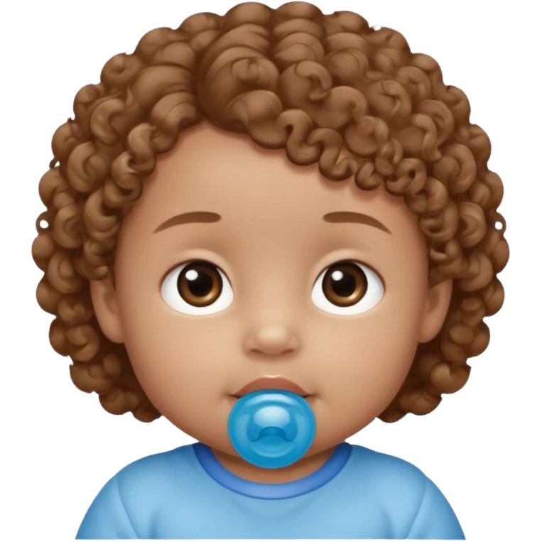 A baby with light brown skin, soft curly light-brown hair, wide brown eyes, and a blue pacifier.  emoji