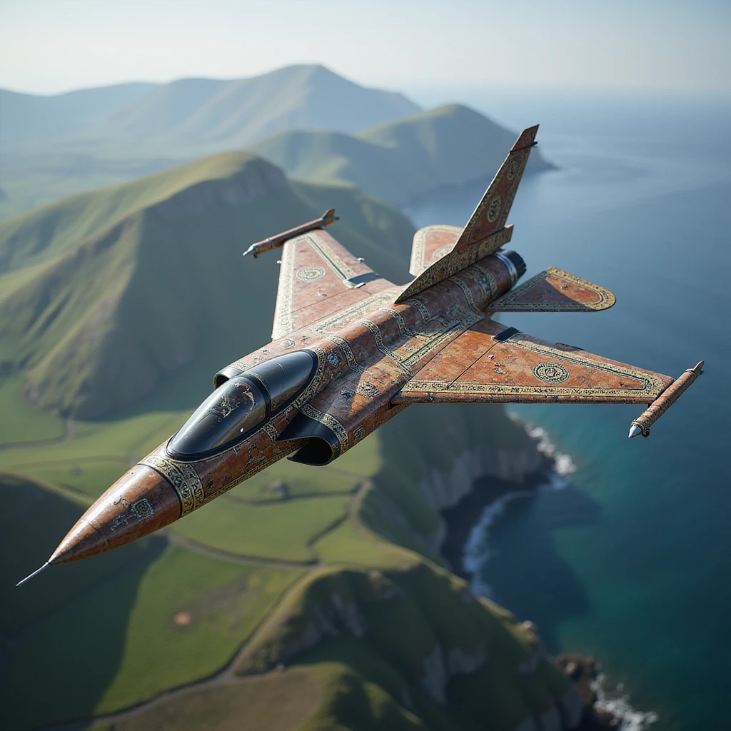 photorealistic modern jet fighter inspired by Norse and Ottoman warrior motifs, camo and ornamentation from Turkish, Balkan, Celtic, South Asian cultures, mix of wood, metal, precious materials, flying over lush Scottish valley and sea, harmonious blend of all mentioned cultural influences emoji