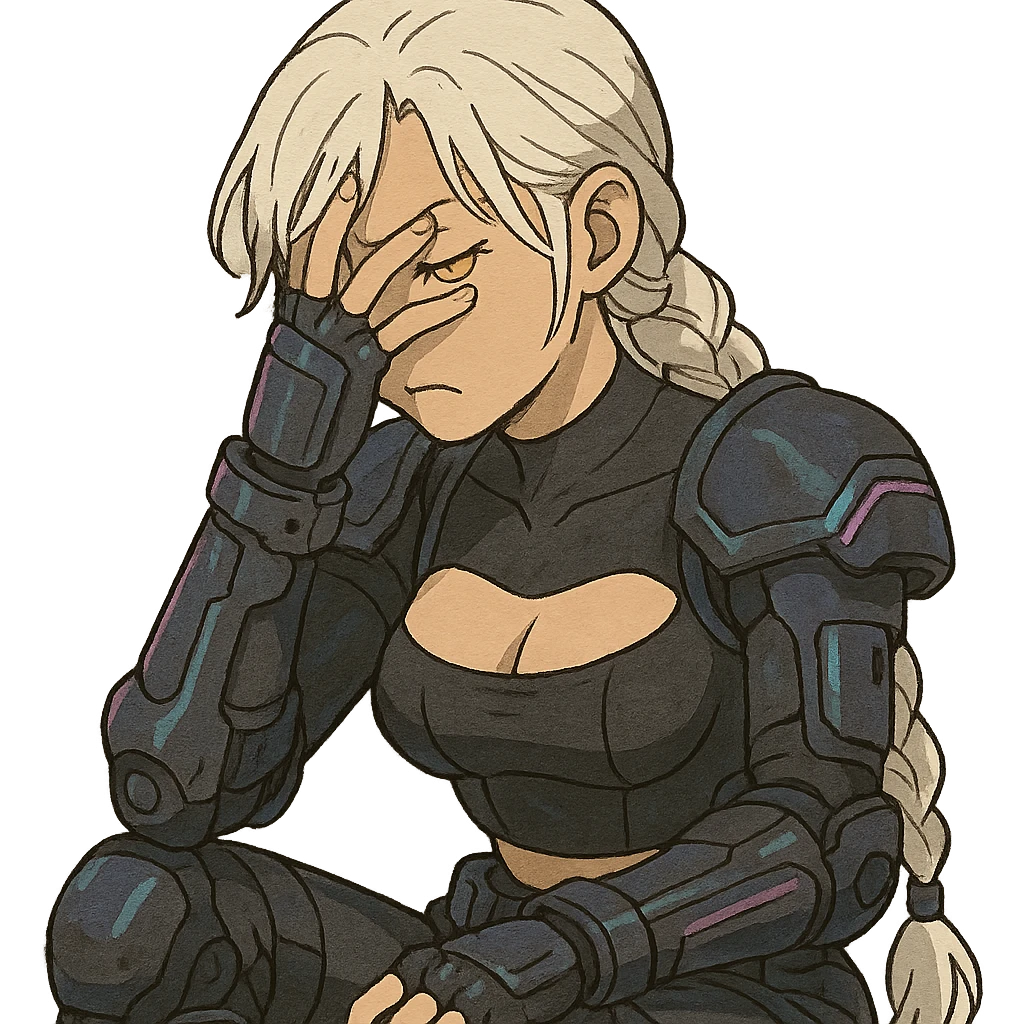  she is wearing armor, maximum power , facepalm smh, a closeup portrait of young woman with gold yellow eyes, white hair, long braid, black off-shoulder top d-cup, punk gothic style, futuristic cyberwave cyberpunk, sitting position emoji