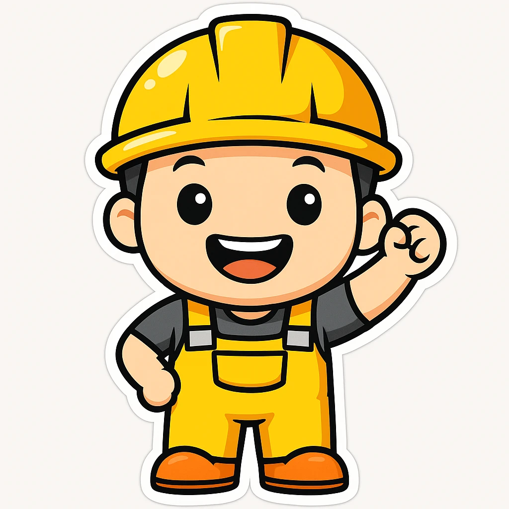 make the construction worker look happy, with a big smile, bright eyes, and cheerful posture in sticker style emoji