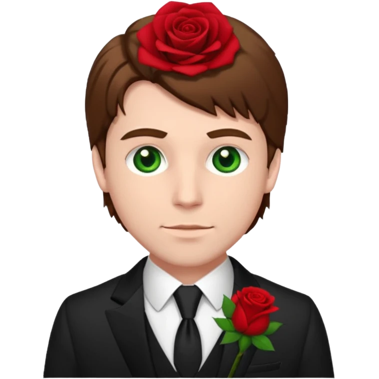 Chico blanco, pelo castaño, ojos verdes, traje boda oscuro y flor solapa emoji