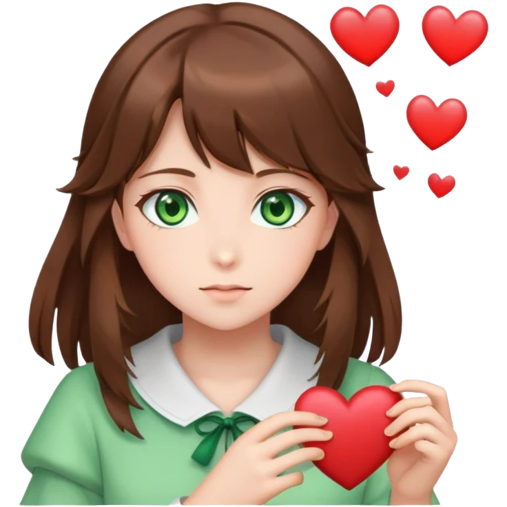 brown hair, green eyes, anime girl with hearts emoji