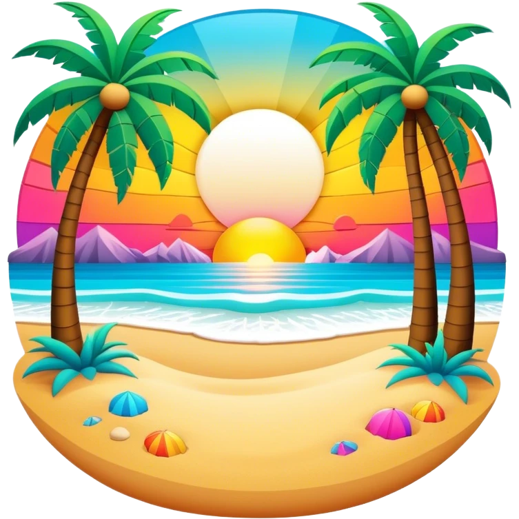 3D, psychedelic colored hippie style beach with setting sun and palm trees emoji