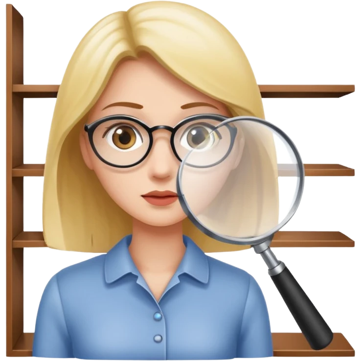 emoji of white empty shelf in perspective view with a woman nearby, she is looking at the shelfs with a magnifying glass emoji