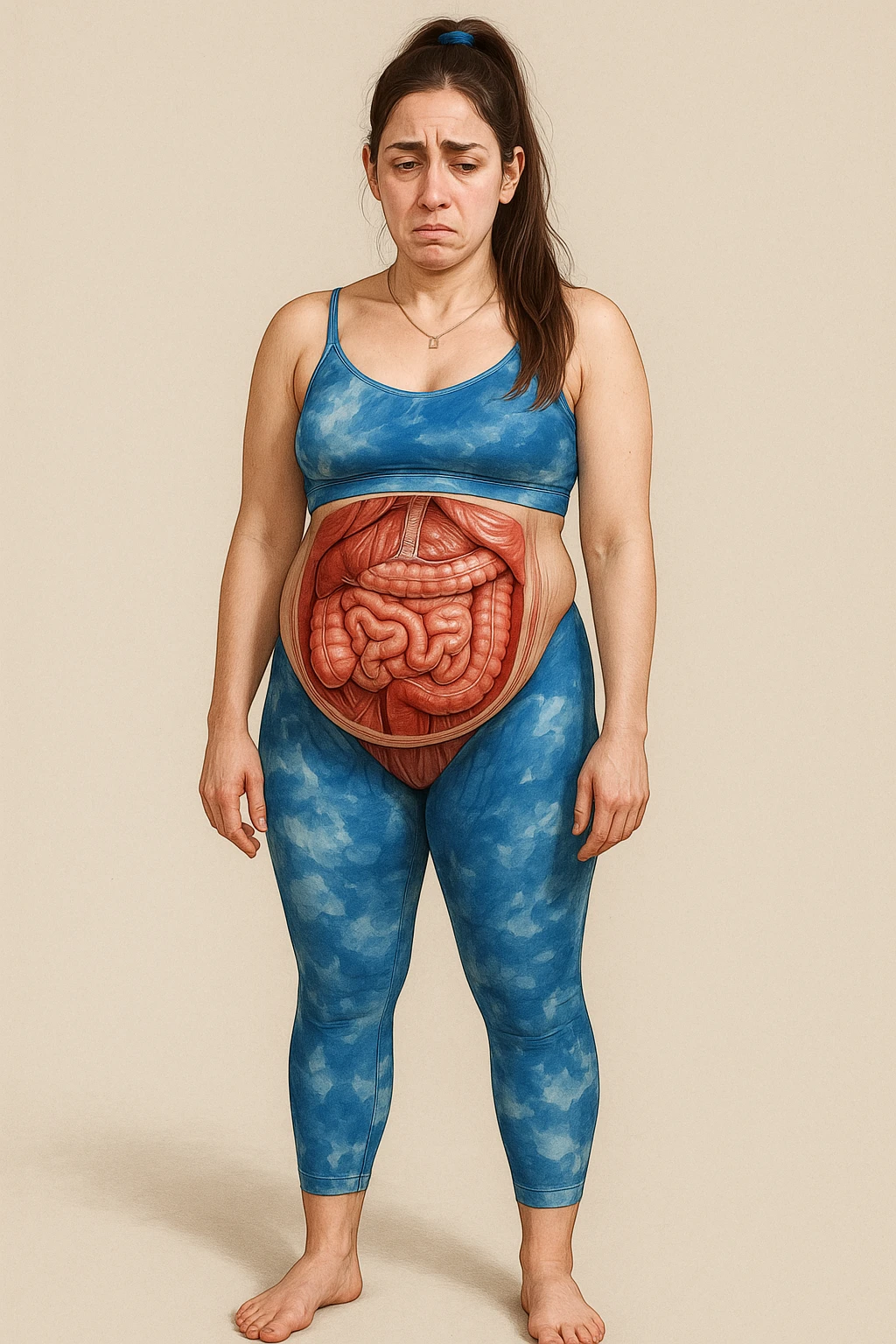 Realistic anatomical illustration of a woman in sportswear inspired by the reference photo, with a bloated belly. Highlight abdominal organs and involved muscles, expression of discomfort, neutral background. emoji