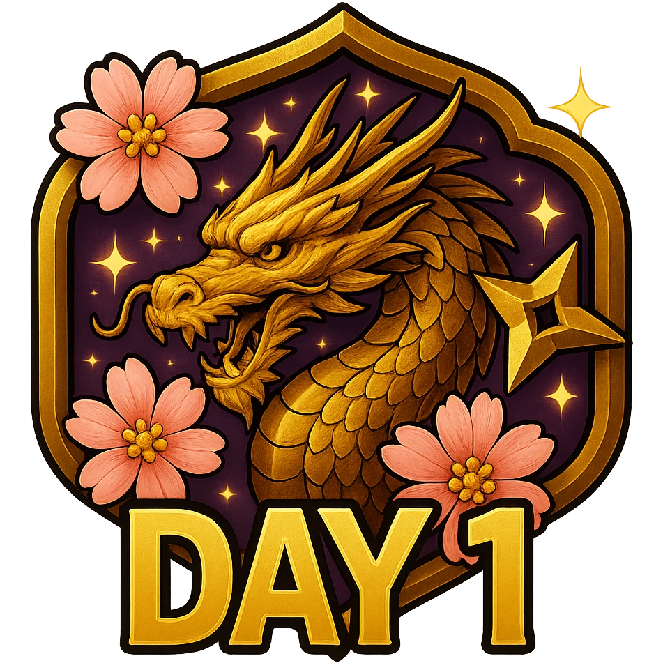 Keep the design looking as close as possible to the previous image with a rich purple background and Japanese crest shape. Include a realistic gold dragon with bright gold accents, sakura flowers, ninja star, and sparkly effects. Add the text 'DAY 1' in bold, easy-to-read anime-style font below the dragon. The image should have a transparent background and be sized for Twitch or Discord use. emoji