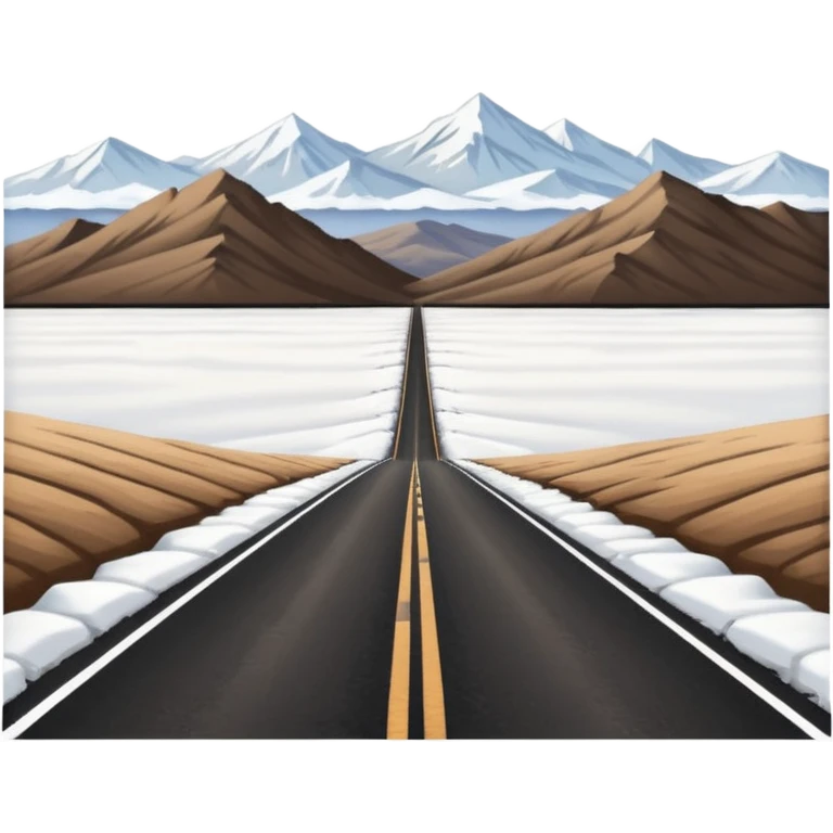 A long straight dirt road that disappears into the horizon half way up the screen from the perspective of someone sitting in the middle of the road looking down it. Flat snow fields on both sides of the road with huge looming mountains above the roads horizon line. emoji