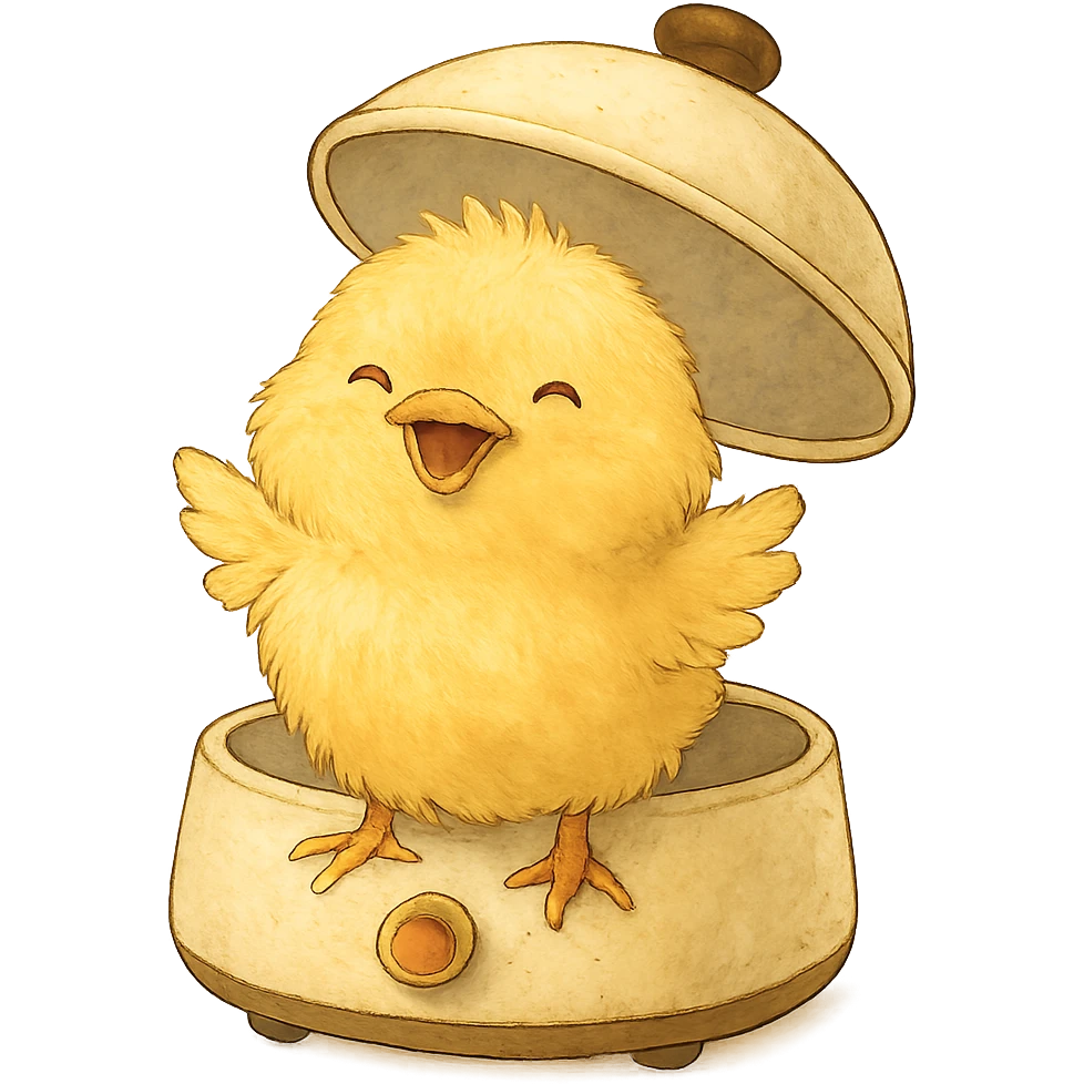 full-body chibi chick soft fluffy popping out of egg cooker lid smiling brightly soft yellow tones emoji