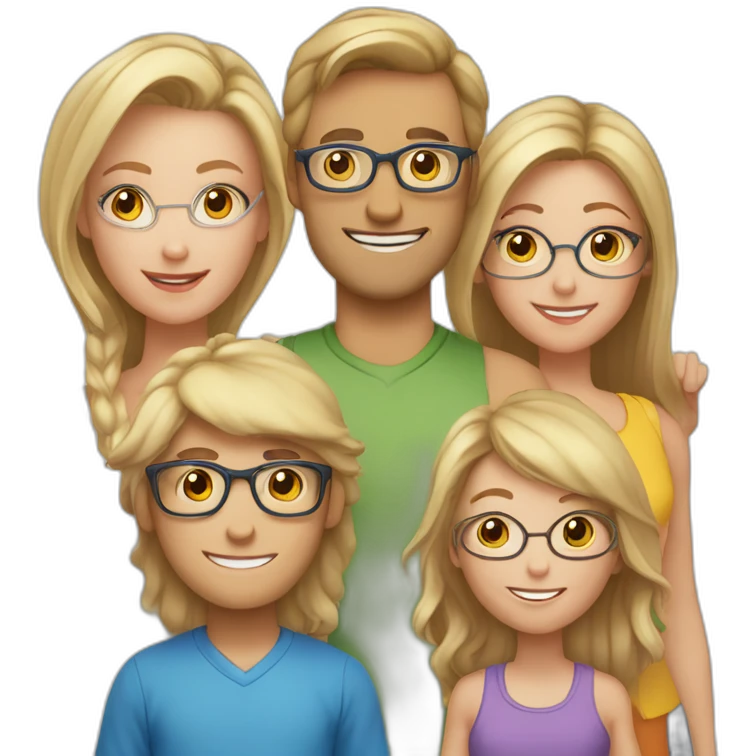 Family of 5 - blonde hair mom, light brown hair dad with glasses, 8 year old blonde girl with glasses, 4year old light brown hair boy and 1 year old light brown hair girl emoji
