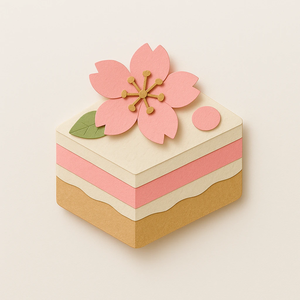 Add a cherry blossom flower on top of the sakura cake, keep the paper craft style. emoji