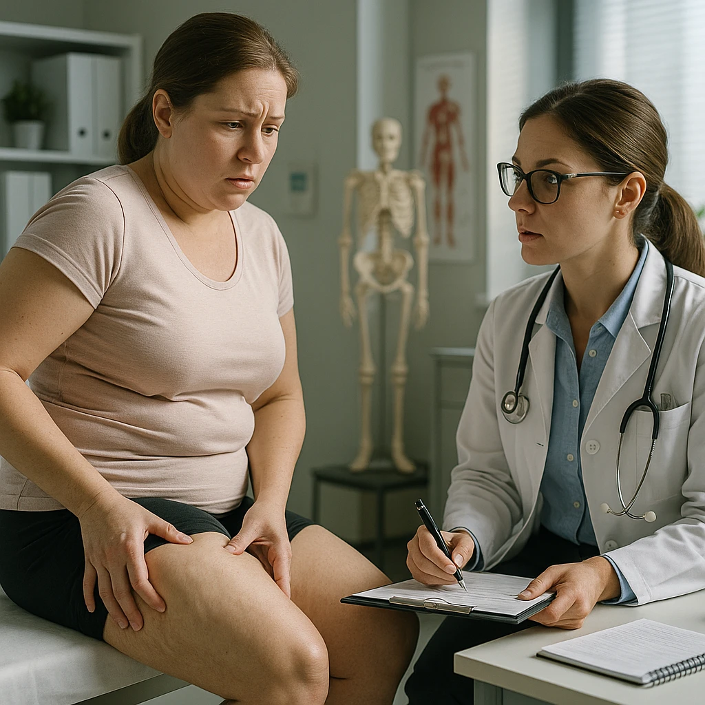 hyper realistic 4K image of a woman consulting a nutritionist, showing stubborn fat on legs and thighs, detailed clinical scene, film lighting emoji