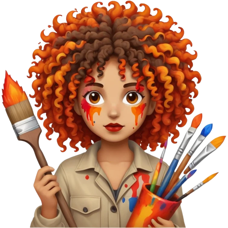 Artistic character with crazy wild hair, creative chaotic vibes, holding paint brushes and surrounded by intense fiery artwork emoji